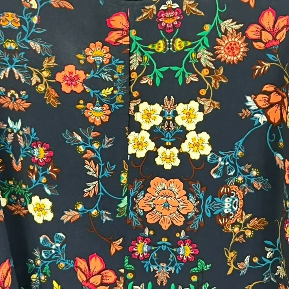 Haute Monde Blouse Womens Size XL Navy Floral Short 3/4 Sleeve Back Zip